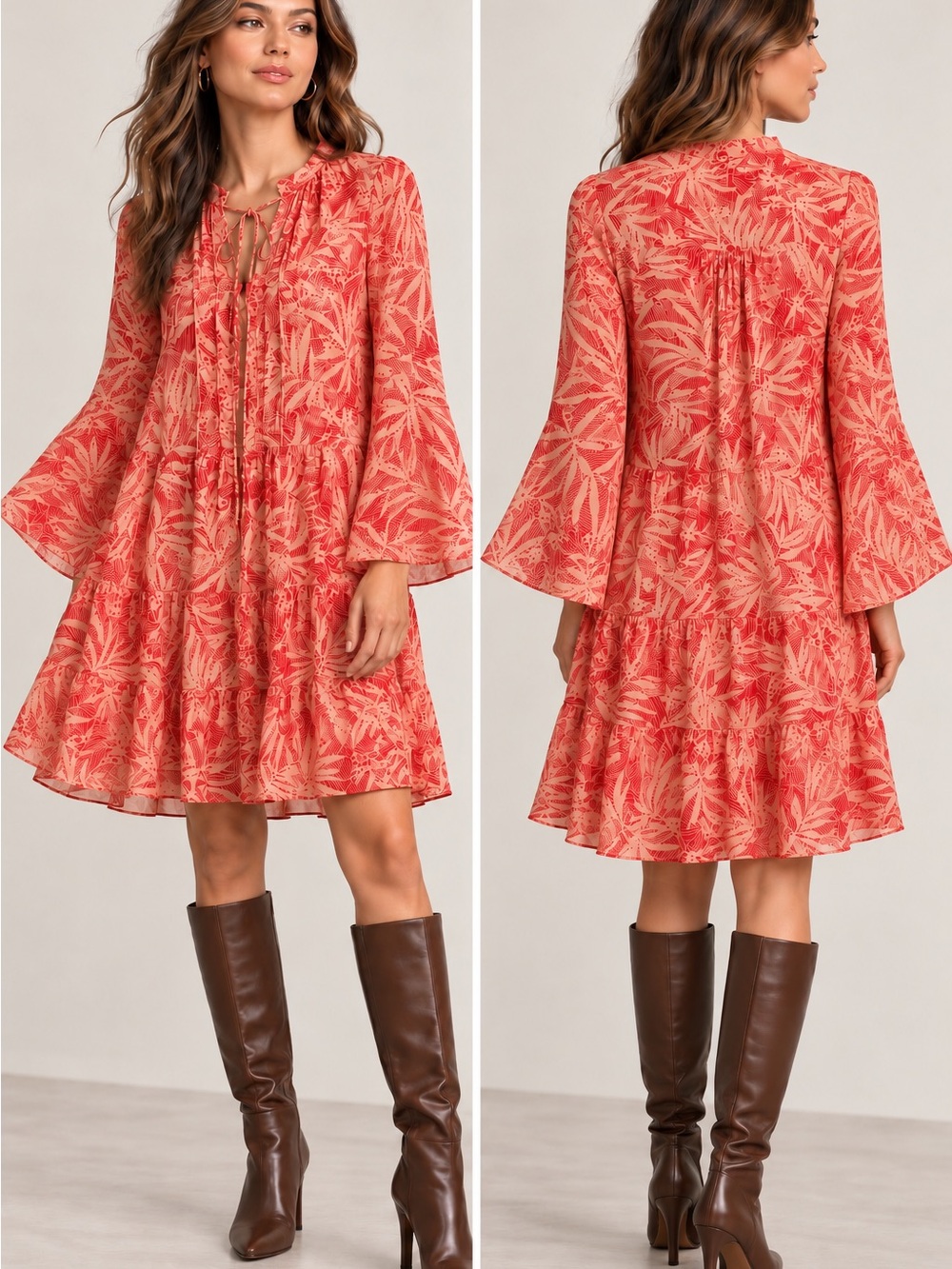 Marabelle Printed Dress Size Medium – Tie Neck, Pleated Hem, Long Sleeve
